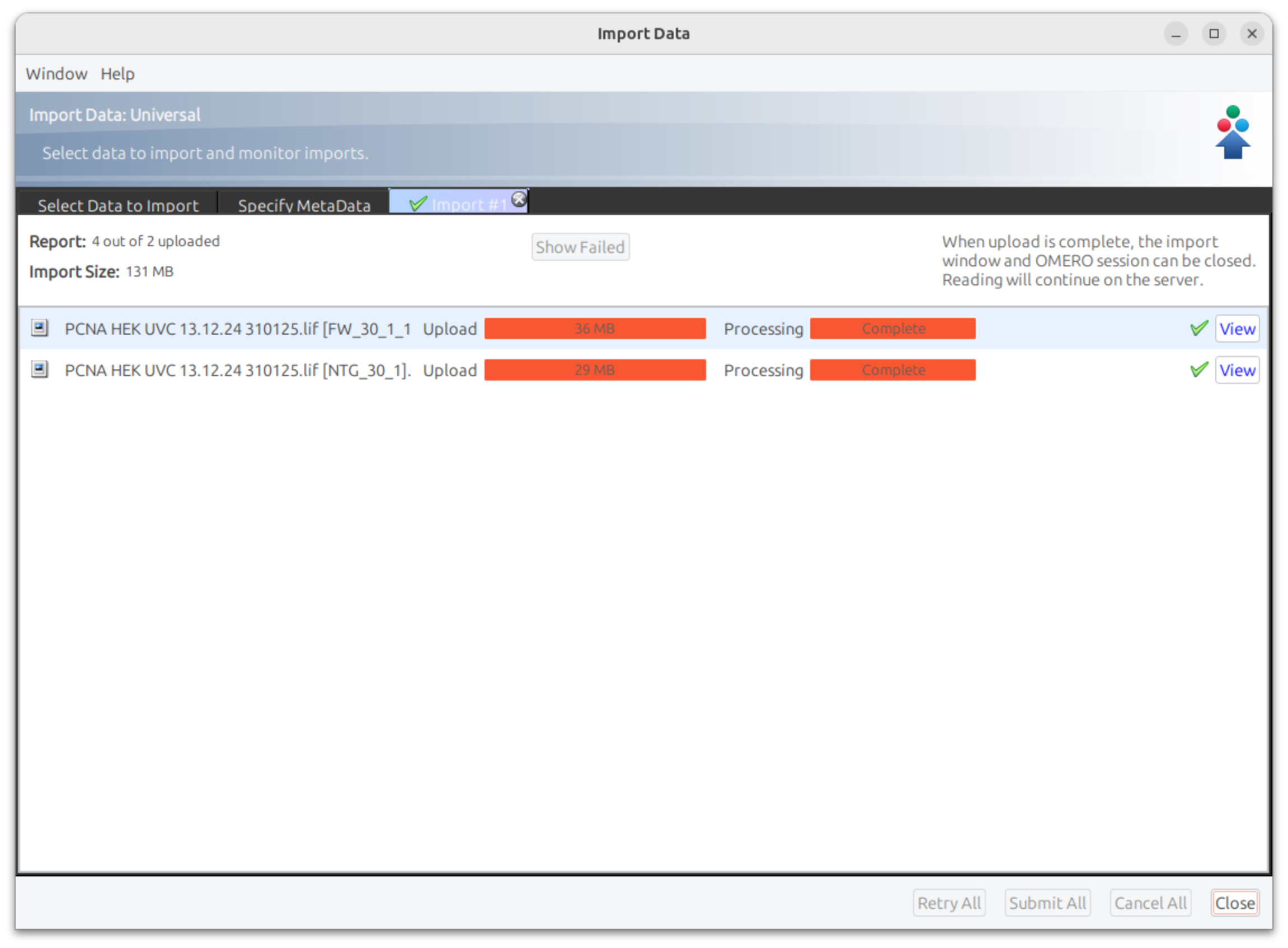 OMERO.insight transfer completed